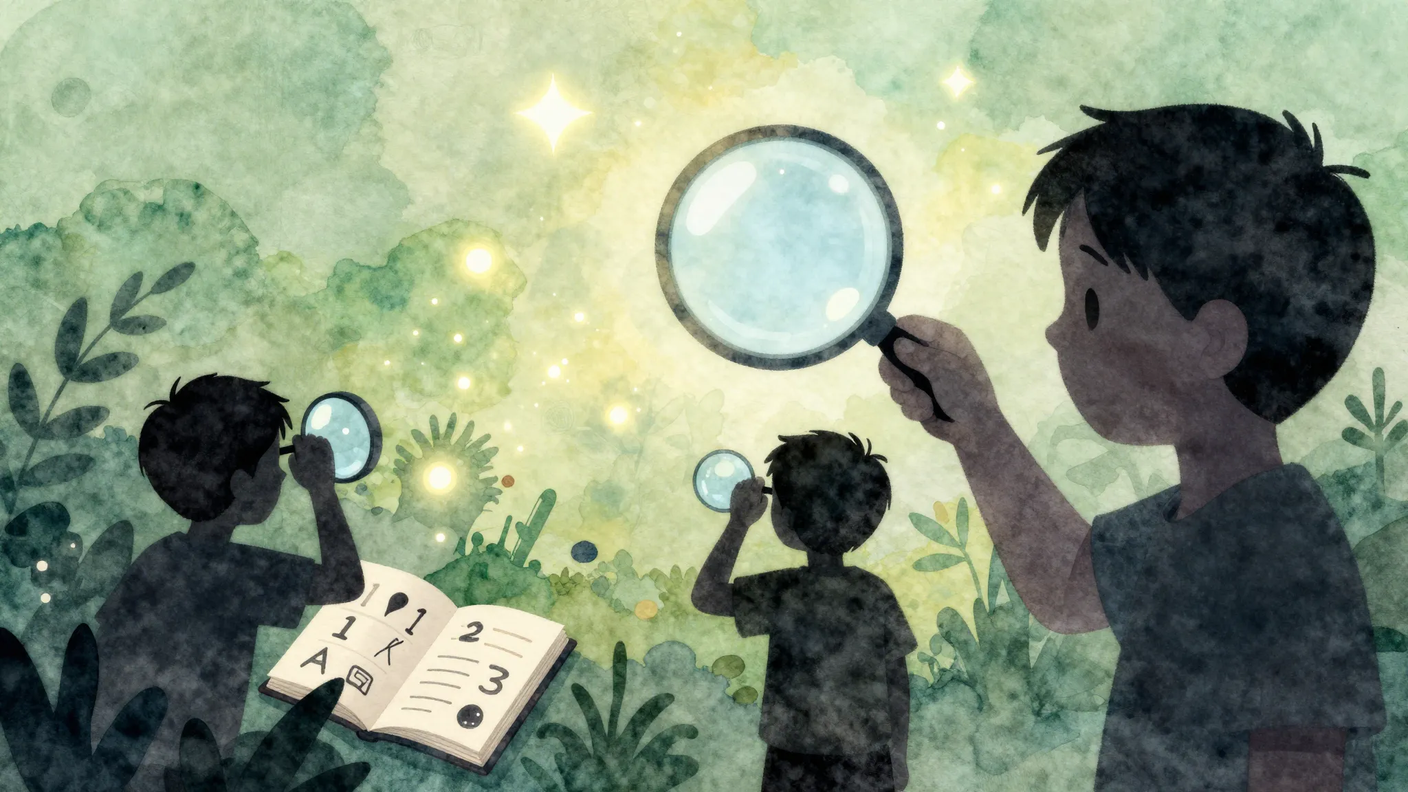 Watercolor style. Silhouettes of small children looking thro...