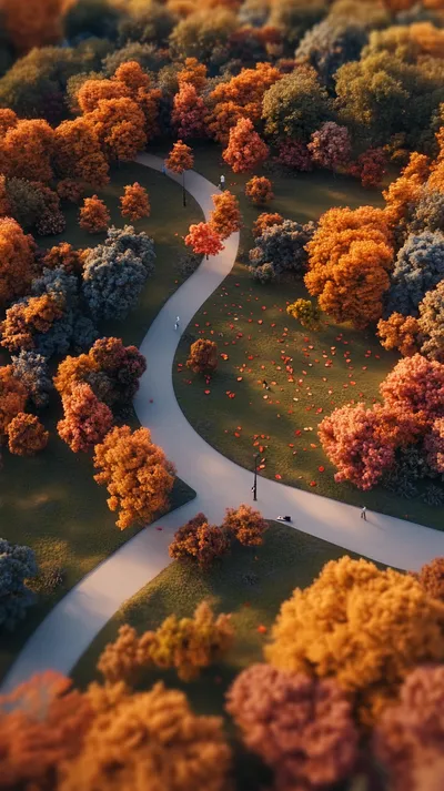 Aerial View Of A City Park In Autumn Camera Slowly Panning 