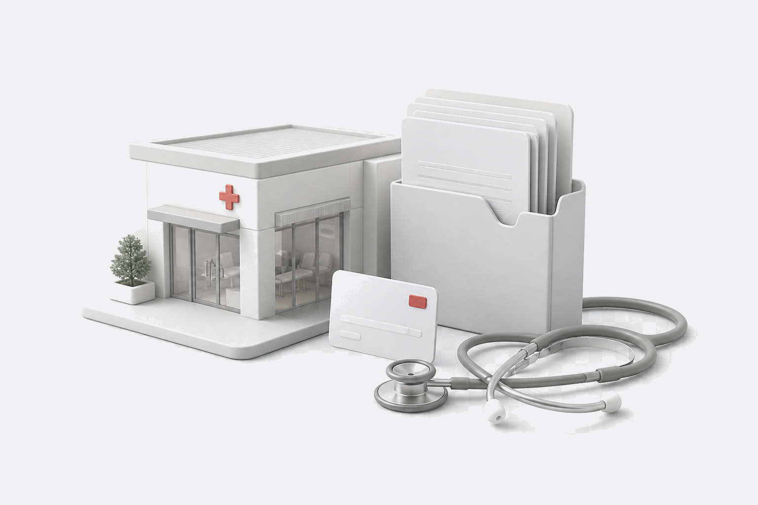 Premium 3D scene for corporate DMS with clinic, documents and medical items