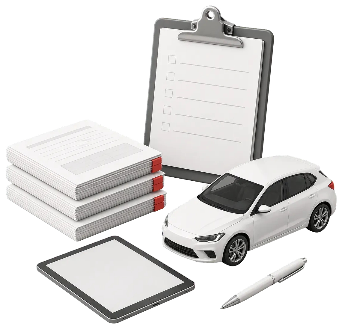 3D документы по автопарку, планшет, автомобиль и ручка