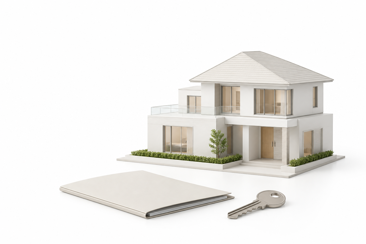 Премиальная 3D-композиция жилого дома, папки с документами и ключа