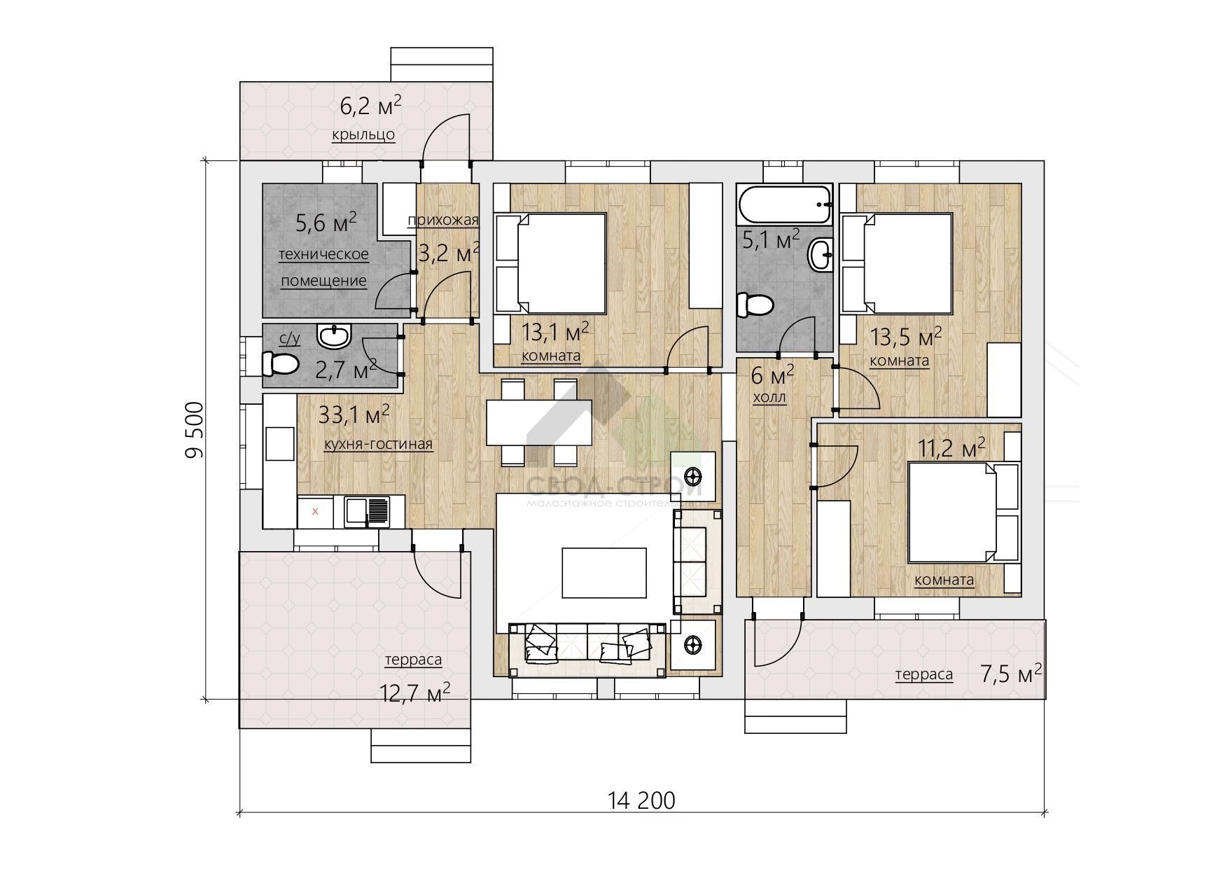 Дом из газобетонных блоков С-143 ГБ «Клевер»