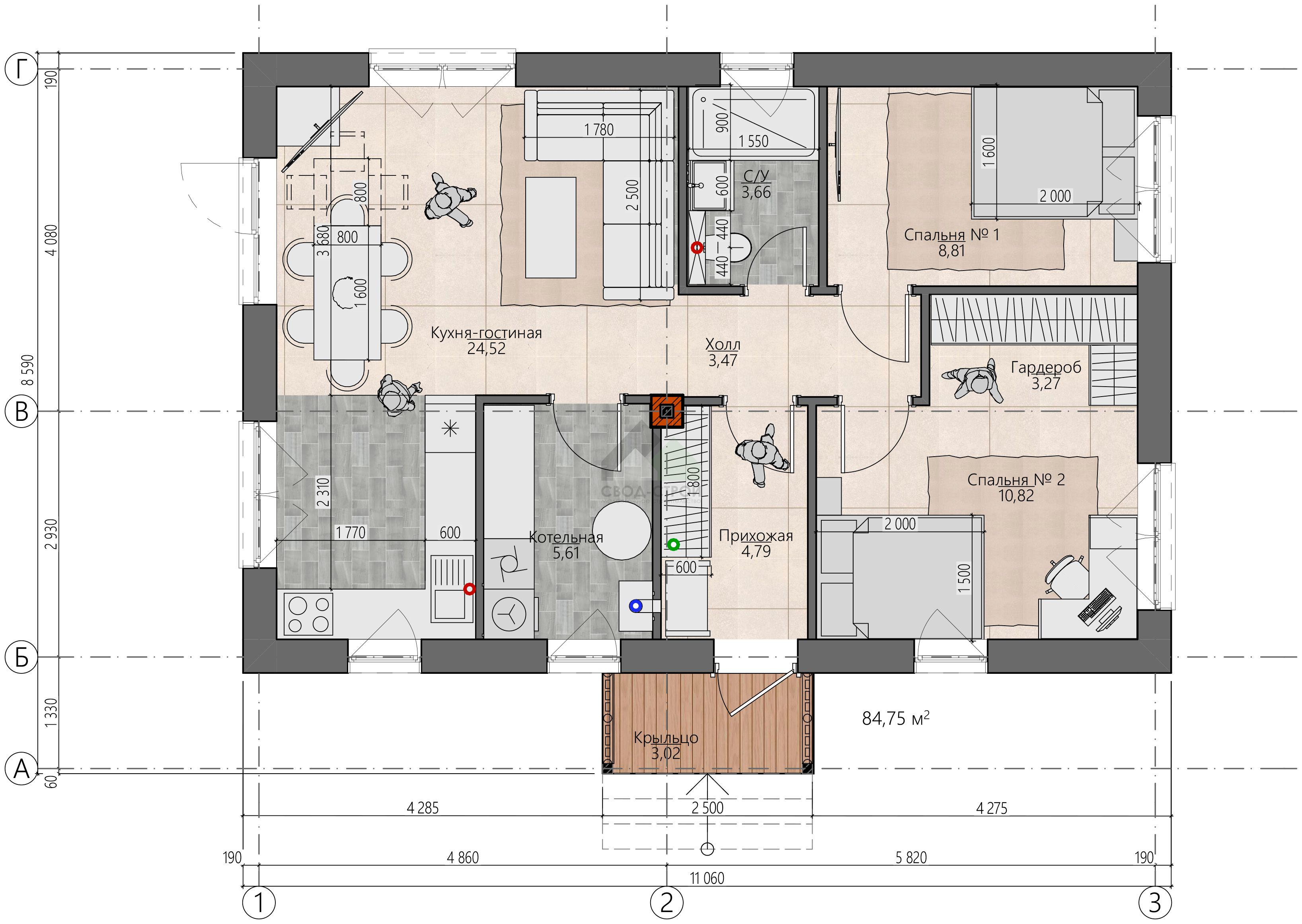 Дом из газобетонных блоков С-85 ГБ «Вдохновение мини»