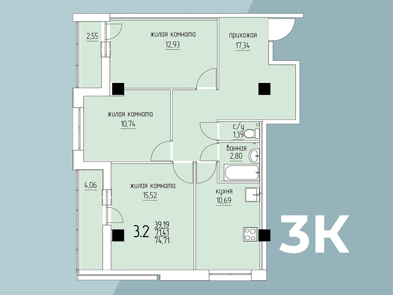 3-к квартира, 75 м²