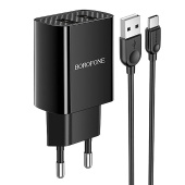Адаптер Сетевой с кабелем Borofone BA53A Powerway 2USB 2,1A/10W (USB/Type-C) (black)