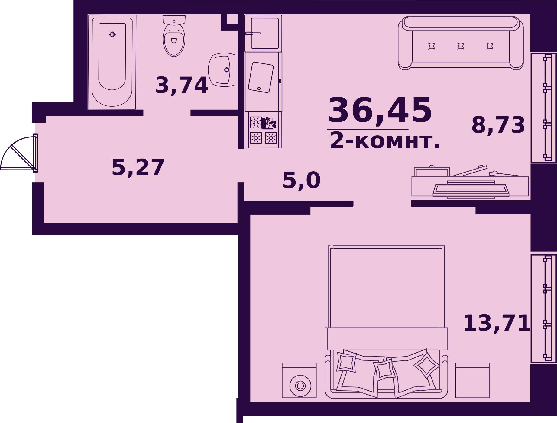 2-комнатная квартира 36.45 м² в проекте Сиреневый — этаж 16