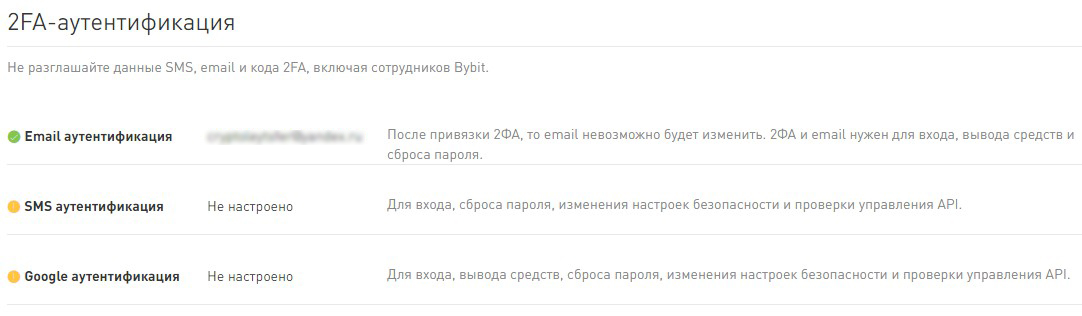 Включение 2-х факторной аутентификации ByBit
