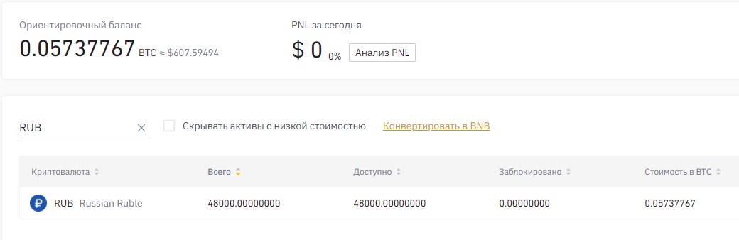 Страница личного счёта биржи Binance