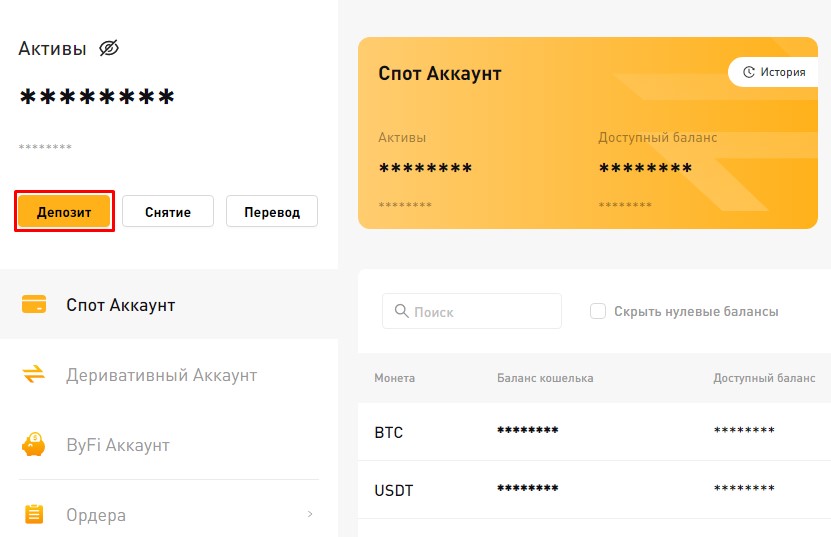 Депозит ByBit - страница активов пользователя
