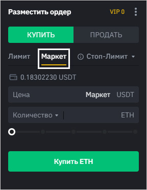 Интерфейс создания рыночного ордера в терминале Binance