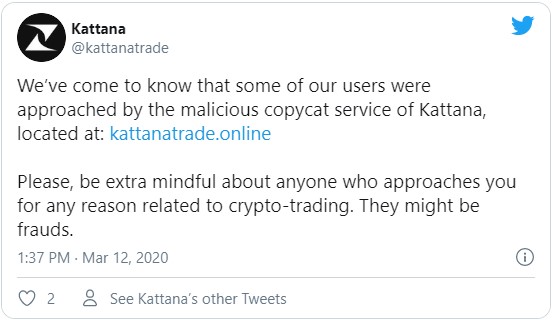 Руководство трейдинговой платформы Kattana предупреждает своих пользователей о наличии фейковых сайтов и приложений схожих с ними.
