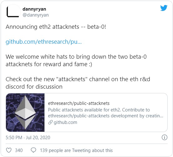 Разработчиками блокчейна Ethereum был объявлен запуск двух тестнетов ETH 2.0 для дополнительного тестирования на предмет каких-либо критических уязвимостей в системе. Также ими были объявлена сумма в $5000, как награда для «белых» хакеров, которые смогут найти какую-либо уязвимость и расскажут о ней.