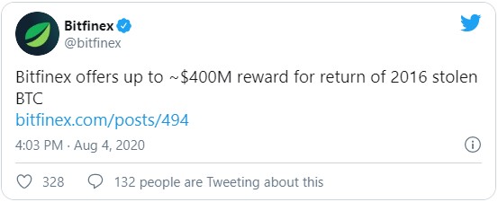 Биржа криптовалют Bitfinex готова заплатить существенное вознаграждение об информации о хакерах, которые четыре года назад похитили с площадки 120 тысяч биткоинов.