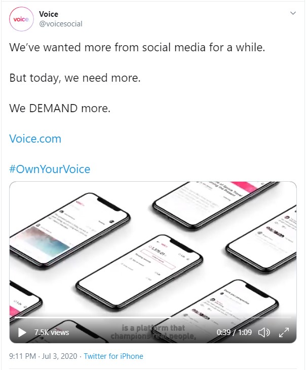 Анонс запуска социальной сети Voice.com в твиттере