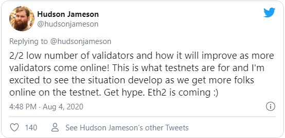 По данной ситуации также высказался один из разработчиков Ethereum, он считает, что количество валидаторов тестовой сети будет продолжать расти и призывает организовать некий хайп вокруг предстоящего обновление сети Эфириума.