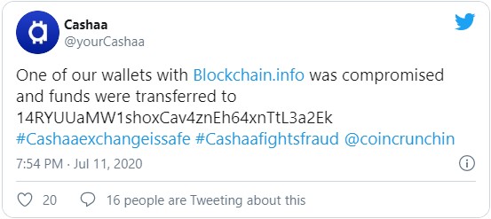 Твит руководства криптовалютной биржи Cashaa о взломе одного из кошельков и краже более 336 BTC