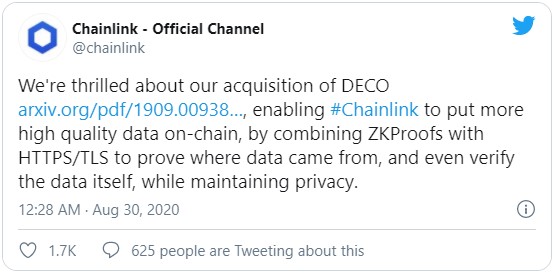 Chainlink объявил о новом приобретении. Речь идет о разработке ученых Корнелльского университета; решение предназначено для ориентированных на повышенную приватность оракулов DECO
