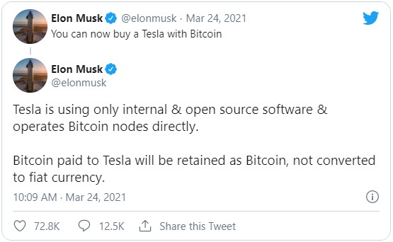 Биткоины, полученные от продаж автомобилей Tesla не будут конвертироваться в фиатные валюты.