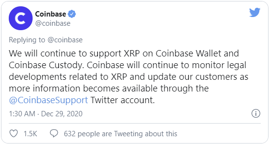 Coinbase прокомментировала ситуацию с Ripple и осведомила участников рынка, что ситуация с XRP не останется без внимания, что они будут обозревать этот инцидент в «правовых рамках»