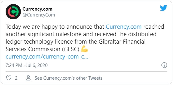 Сообщения от руководства криптовалютной биржи Currency.com о получении лицензии Гибралтара пользовающей реализовывать бизнес в сфере блокчейн технологий