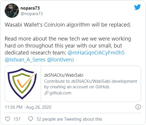 Новый вариант Wasabi будет включать в себя улучшенную технологию CoinJoin, позволяющую клиентам избежать деанонимизации после смешивания сумм, которые они перемещают, говорится в пресс-релизе. 