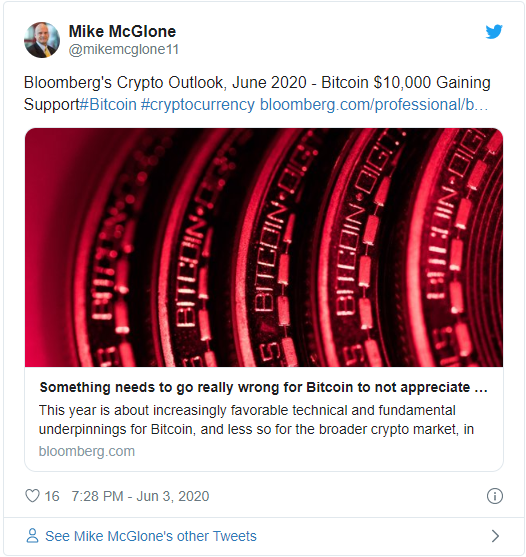 Отчёт Майка Макглоуна аналитика Bloomberg, который говорит о дальнейшем роста биткоина до $28 000 к концу 2020 года