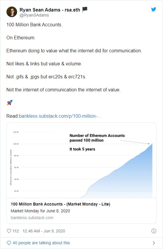 Число кошельков ЕТН впервые за пол десятилетия бытности криптовалюты перешагнуло отметку в 100 млн.