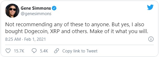 На фоне роста курса двух криптоактивов - Dogecoin (DOGE) и XRP - Джин Симмонс решил инвестировать в них некую сумму.