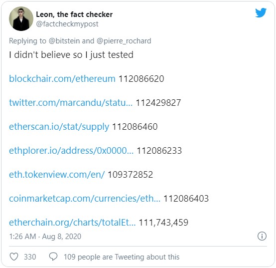 Предпологаемое количество Эмиссии монет ETH из разных блокчейн обозревателей Ethereum