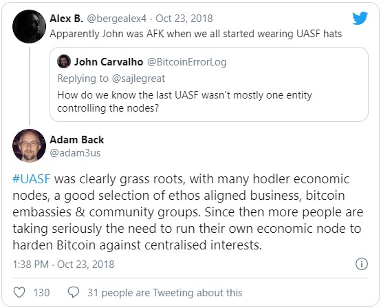 Концепция UASF получила поддержку биткоин-максималистов, поддерживающих децентрализацию сети.