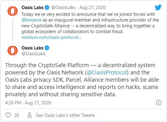 Крупнейшая криптобиржа Binance заключила партнерское соглашение с компанией Oasis Labs для борьбы с мошенничеством в криптосфере.