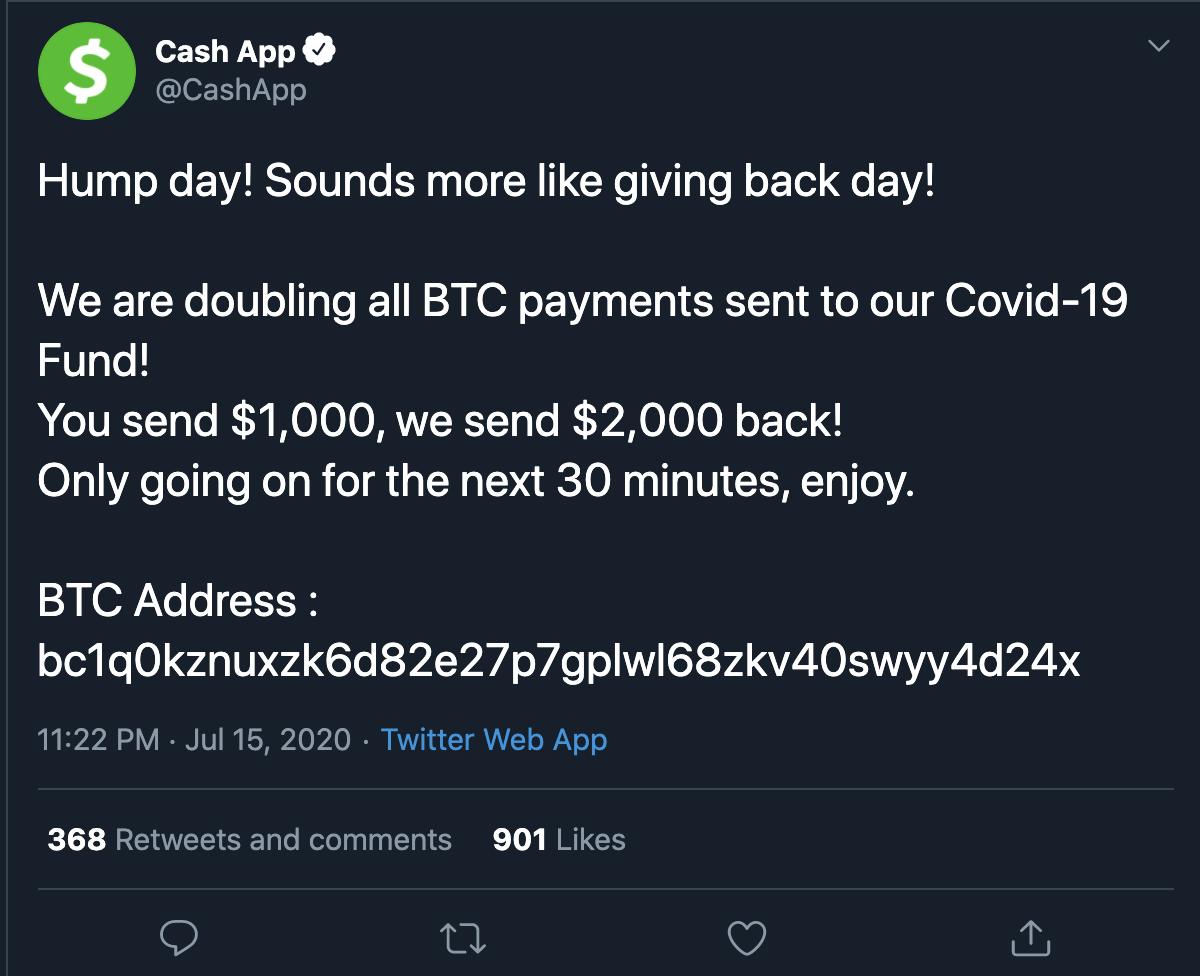 Официальный Cash App аккаунт был взломан в результате хакерской атаки на социальную сеть Twitter