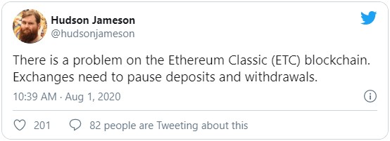 Разработчик Хадсон Джеймсон из Ethereum Foundation сообщил о нестабильности сети Ethereum classic и возможный атаке 51% на неё