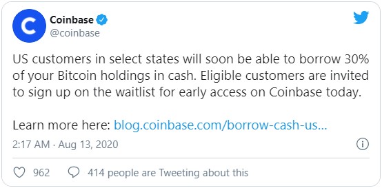 Крупнейшая американская криптобиржа Coinbase объявила о реализации проекта по выдачи кредитов в фиате под залог криптовалюты