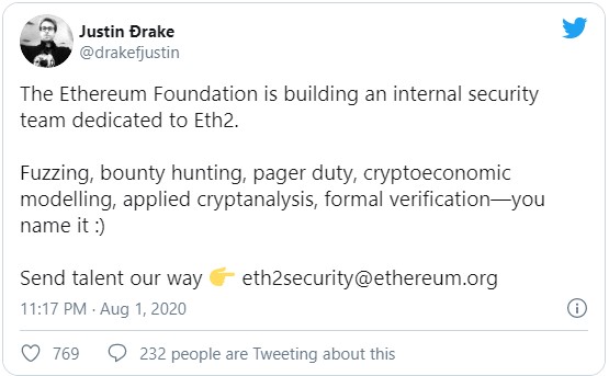 Джастин Дрейк из Ethereum Foundation сообщил, что организация начала формировать команду специалистов, которые будут работать над устранением киберугроз в преддверии запуска обновленной сети Ethereum 2.0.