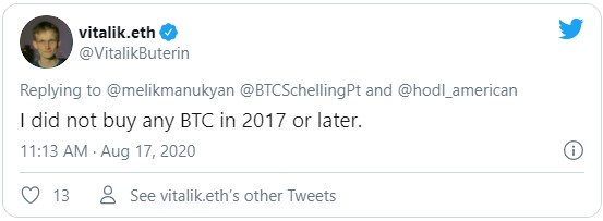 По словам Виталия Бутерина - он не приобретал BTC ни в 2017 году, ни позже.