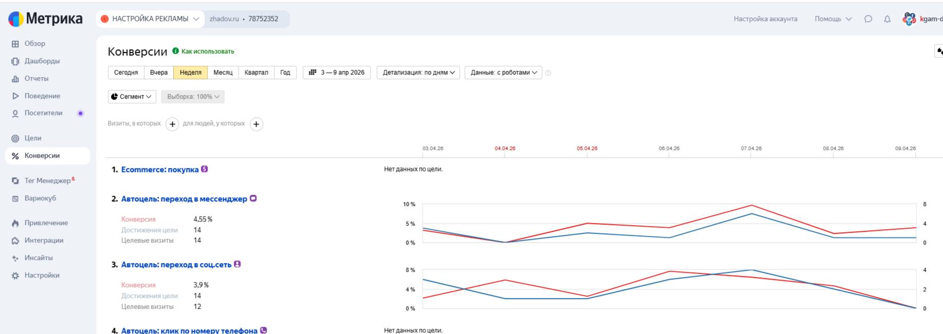 Пример конверсий в Яндекс Метрике