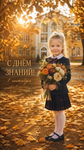 Открытка " С днем знаний" девочка с цветами