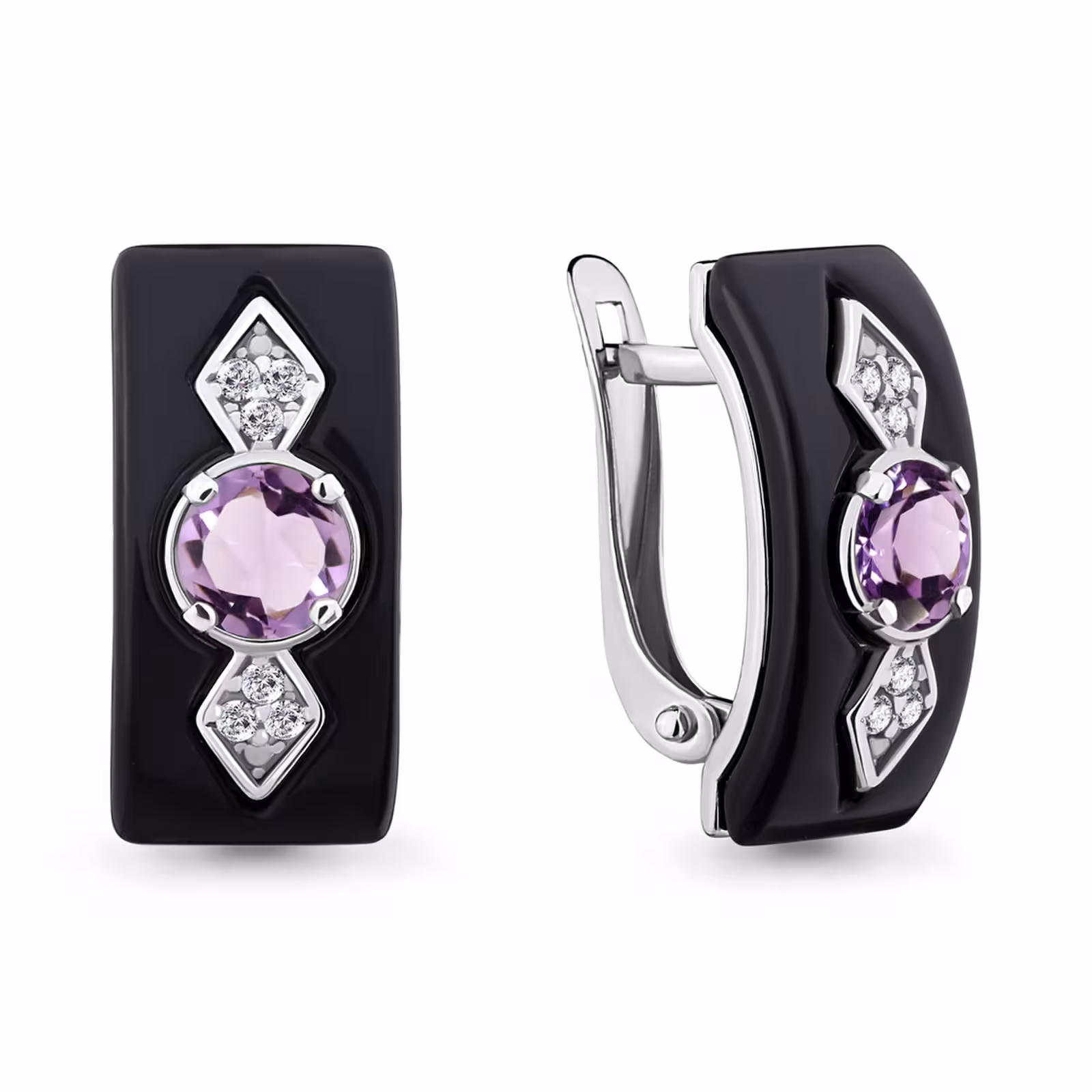 Серьги из серебра с аметистами, керамикой и фианитами