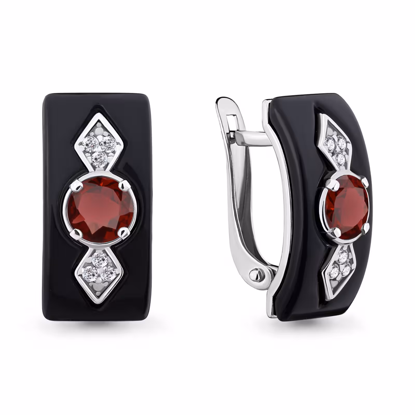Серьги из серебра с гранатами, керамикой и фианитами