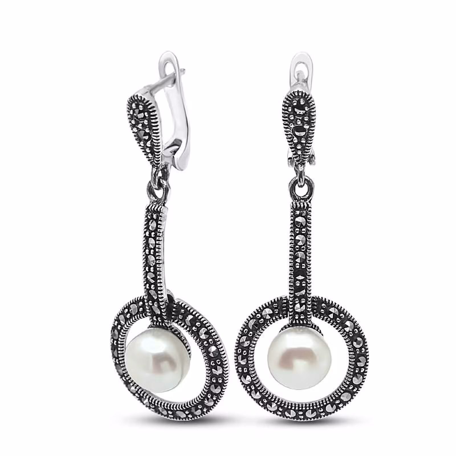 Серьги из серебра с жемчугом и марказитами