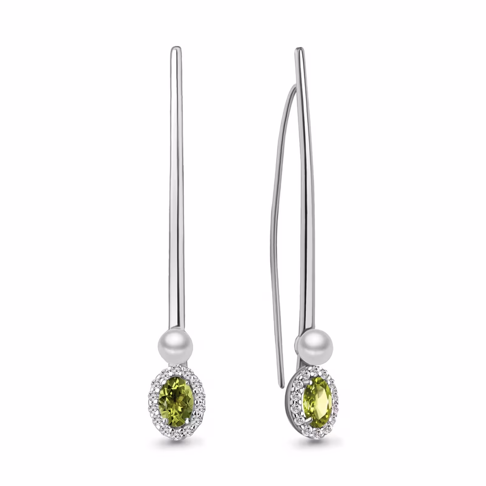 Серьги из серебра с хризолитами, жемчугом и фианитами