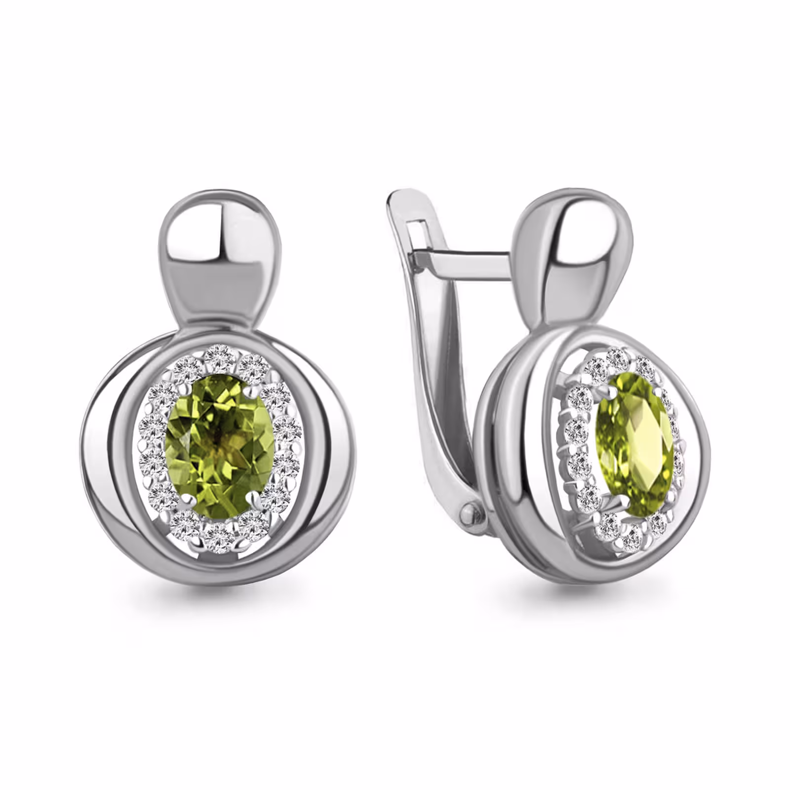 Серьги из серебра с хризолитами и фианитами