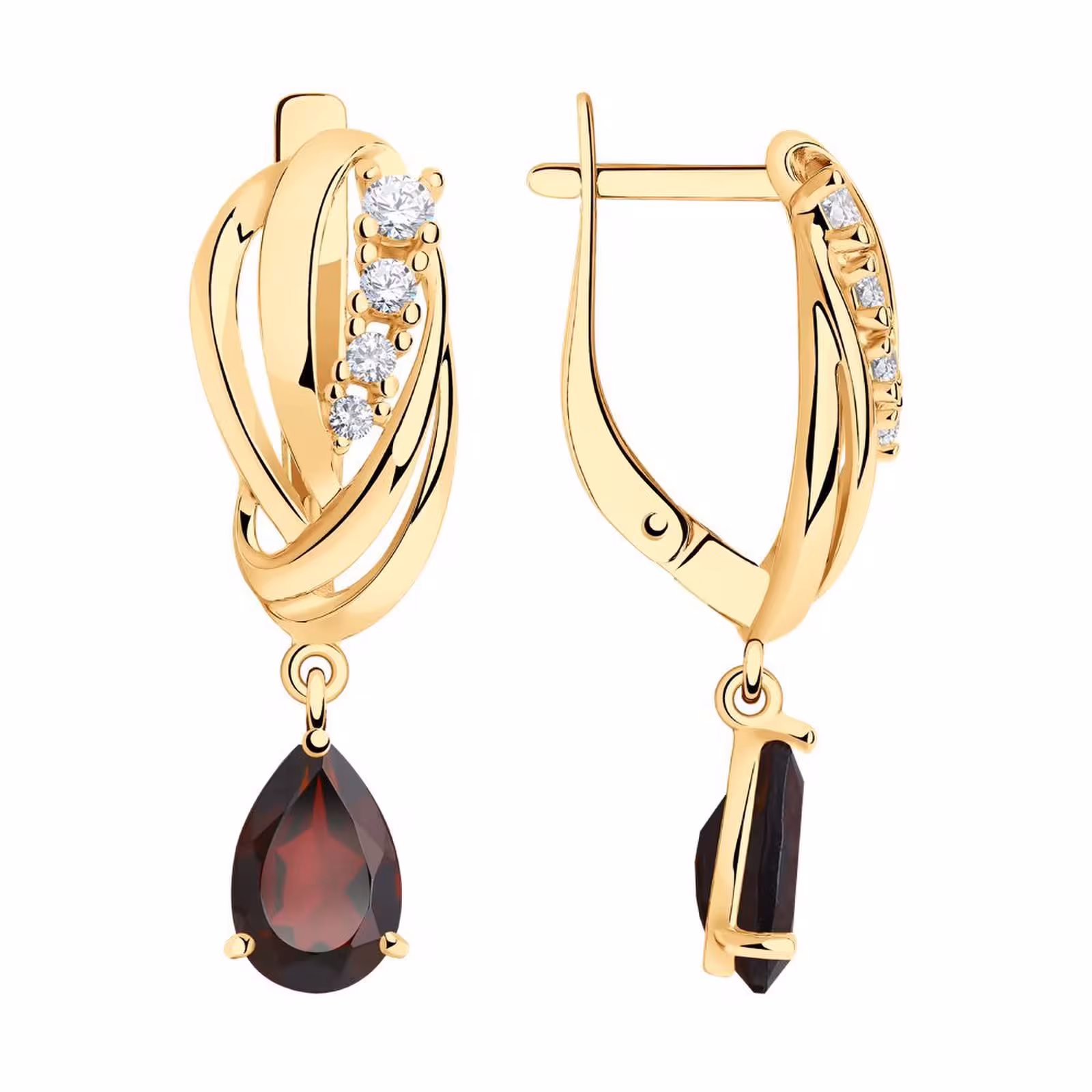 Серьги из серебра с позолотой, гранатами и фианитами — фото 1