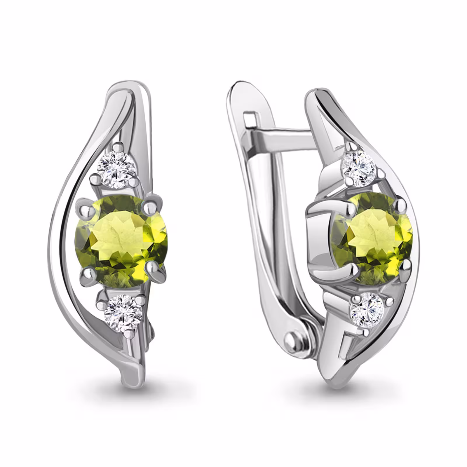 Серьги из серебра с хризолитами и фианитами