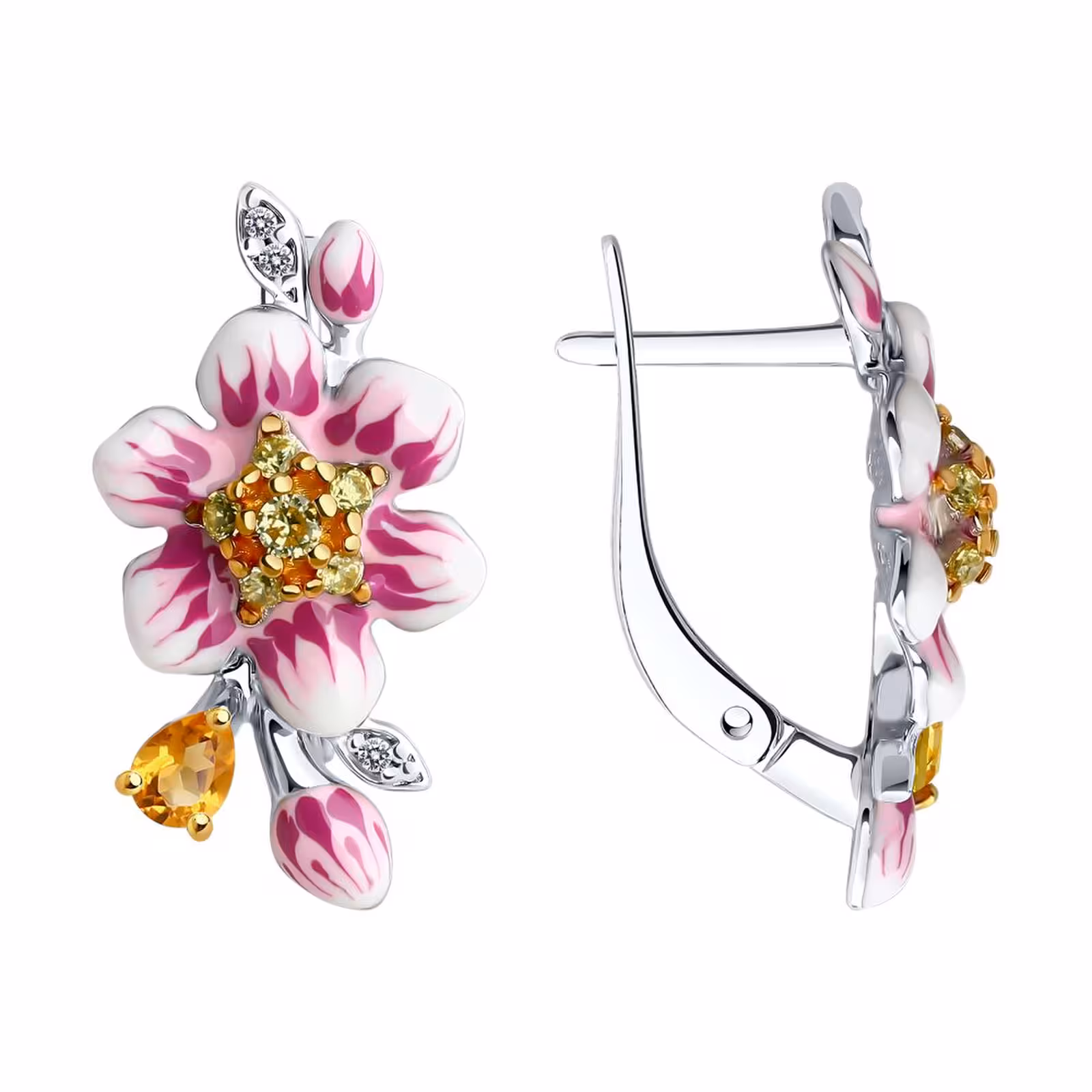 Серьги из серебра с позолотой, цитринами, эмалью и фианитами — фото 1