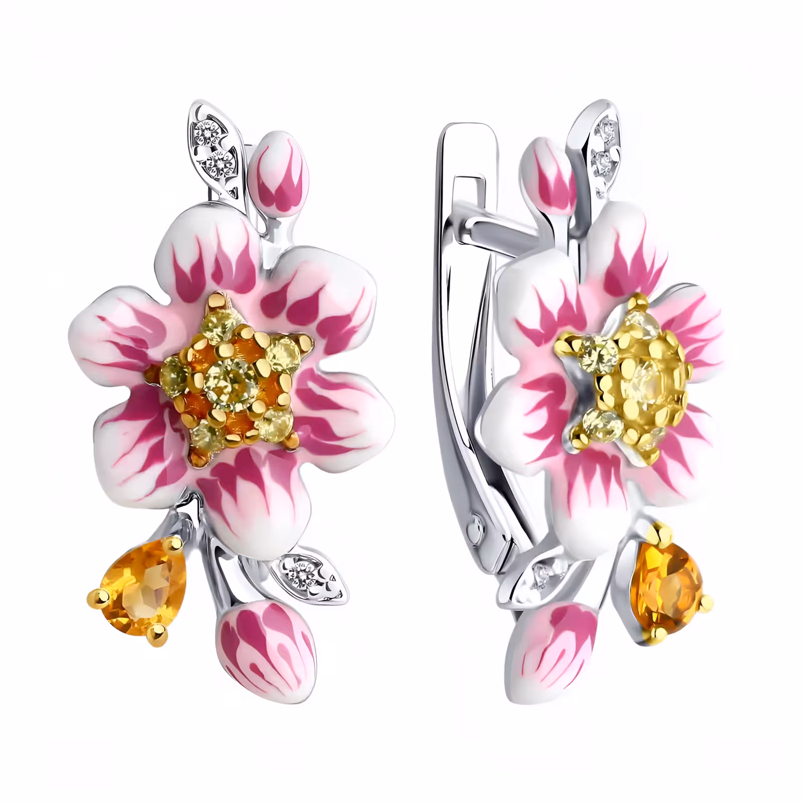 Серьги из серебра с позолотой, цитринами, эмалью и фианитами — фото 2