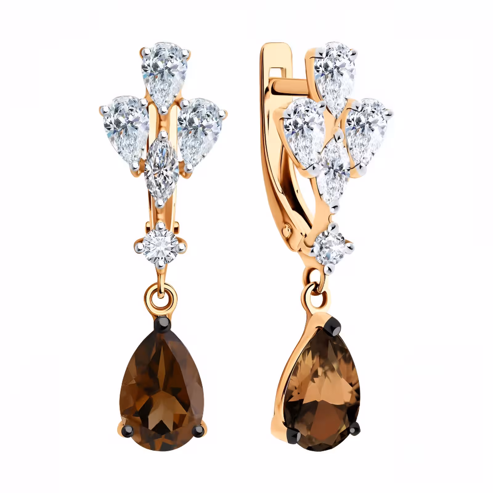 Серьги из серебра с позолотой, раухтопазами и фианитами — фото 2