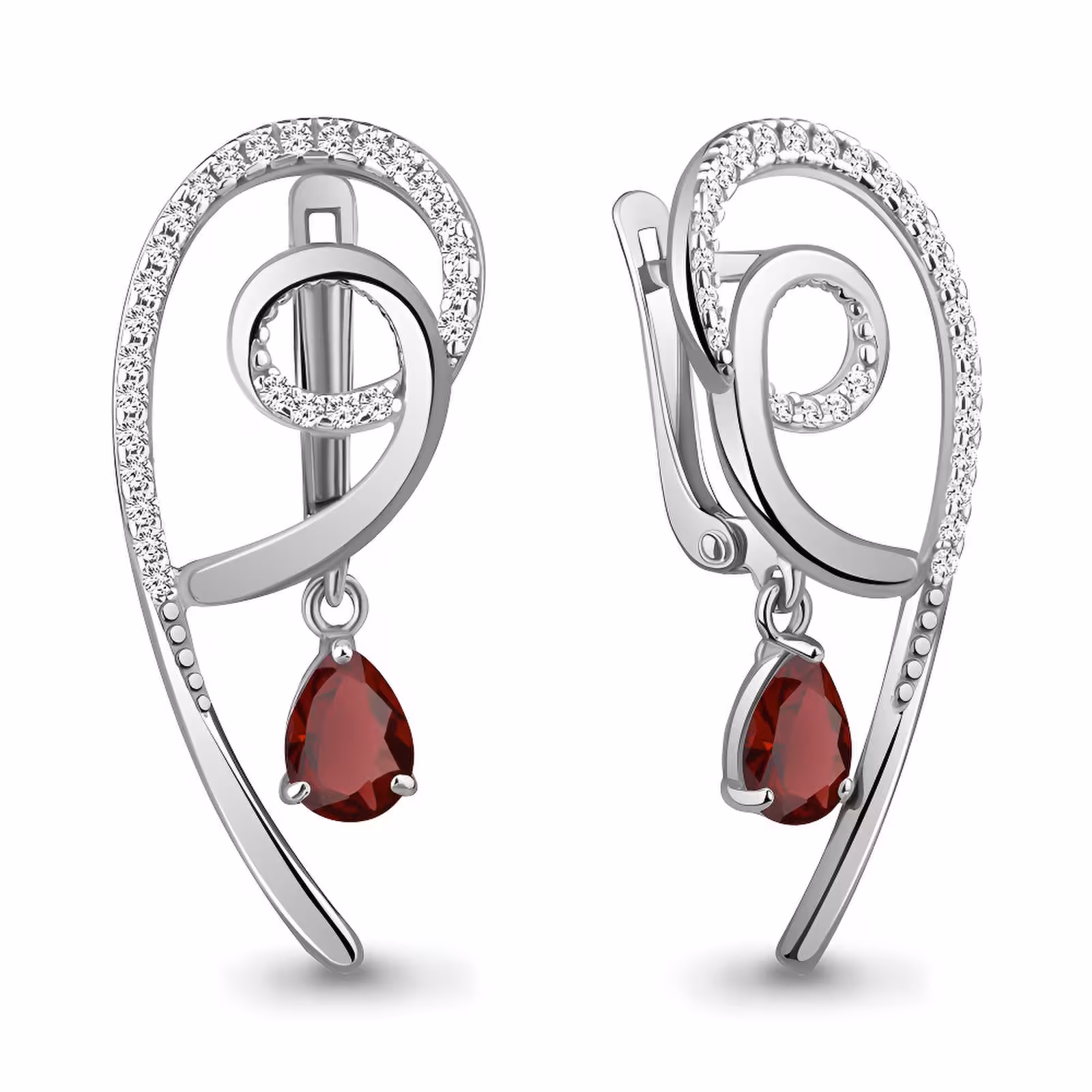 Серьги из серебра с гранатами и фианитами