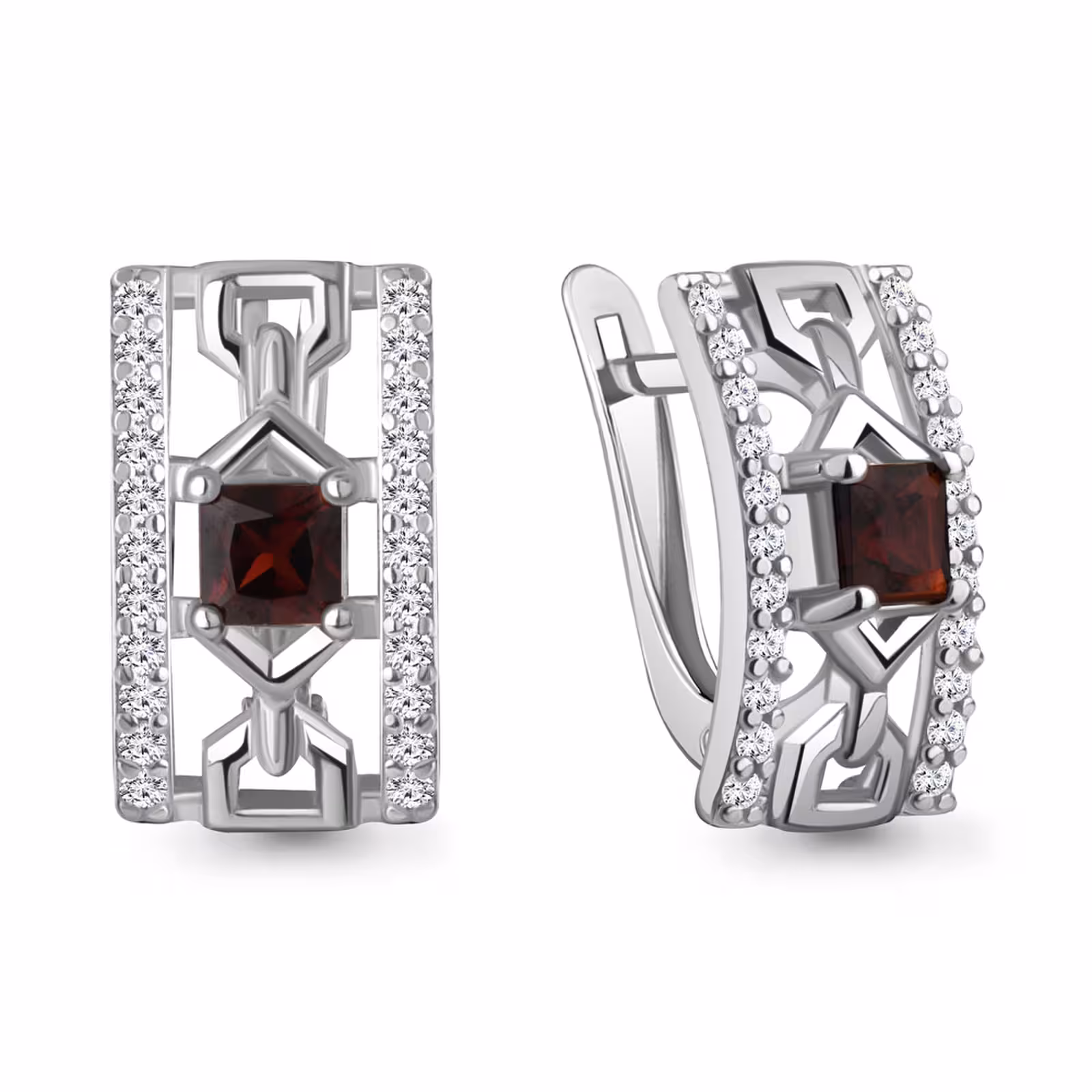 Серьги из серебра с гранатами и фианитам